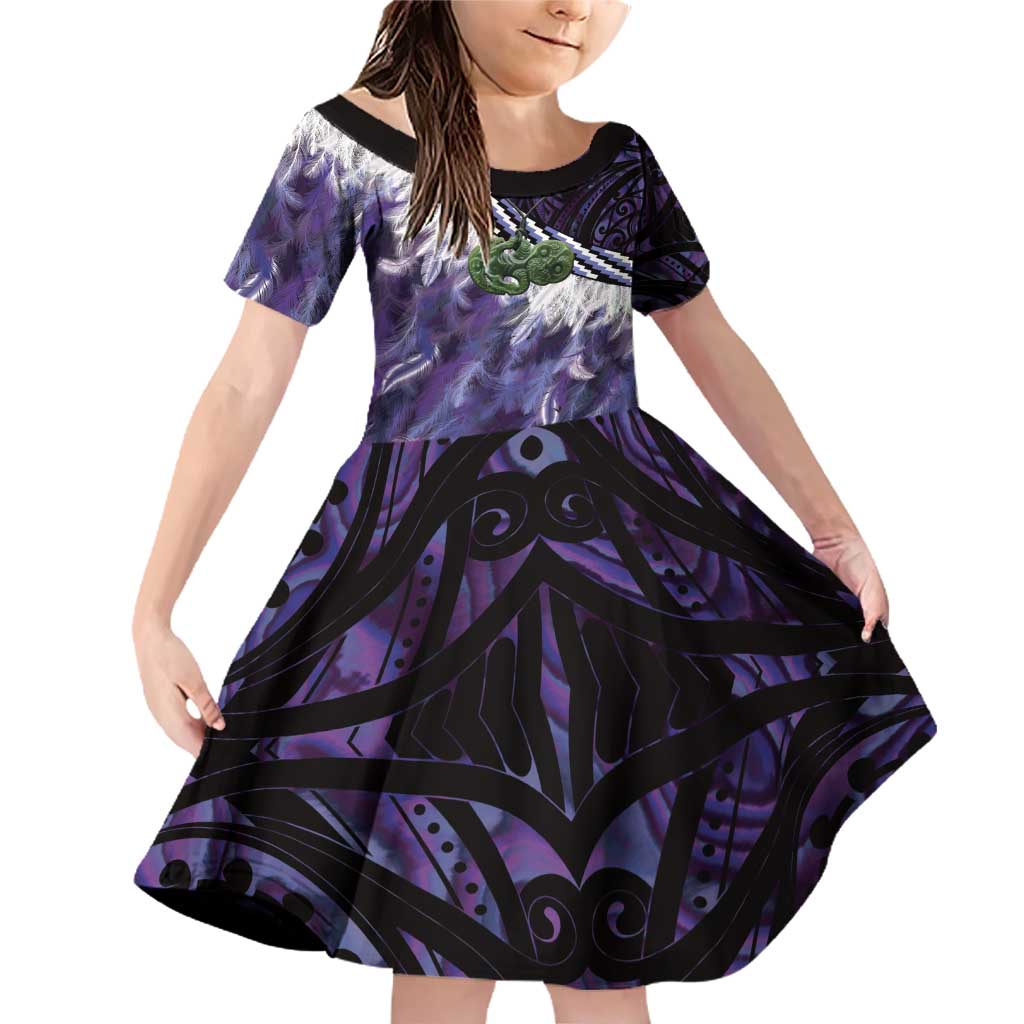 Purple Traditional Cloak Aotearoa Family Matching Off Shoulder Short Dress and Hawaiian Shirt Maori Paua Shell Korowai Pattern