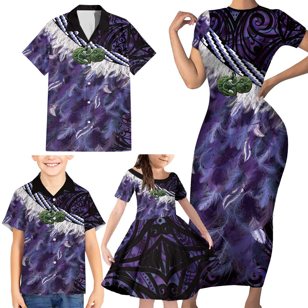 Purple Traditional Cloak Aotearoa Family Matching Short Sleeve Bodycon Dress and Hawaiian Shirt Maori Paua Shell Korowai Pattern