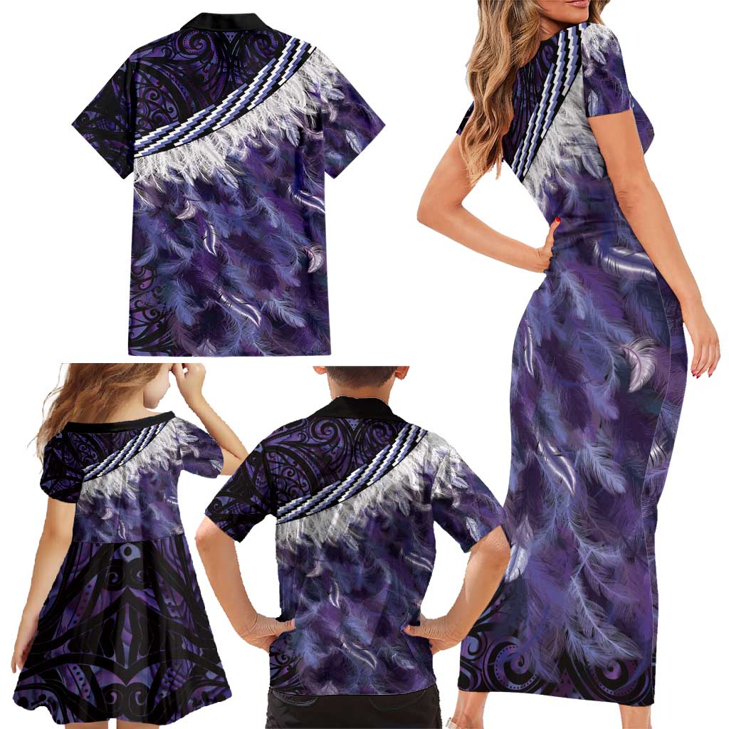 Purple Traditional Cloak Aotearoa Family Matching Short Sleeve Bodycon Dress and Hawaiian Shirt Maori Paua Shell Korowai Pattern