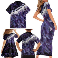 Purple Traditional Cloak Aotearoa Family Matching Short Sleeve Bodycon Dress and Hawaiian Shirt Maori Paua Shell Korowai Pattern