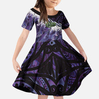 Purple Traditional Cloak Aotearoa Kid Short Sleeve Dress Maori Paua Shell Korowai Pattern LT14 KID Purple - Polynesian Pride