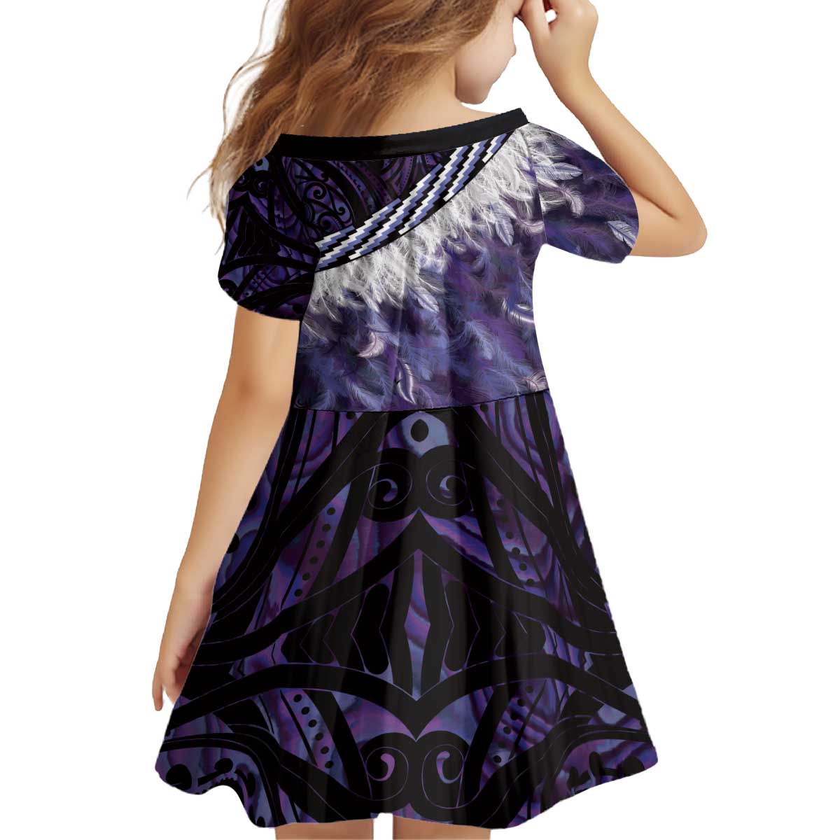 Purple Traditional Cloak Aotearoa Kid Short Sleeve Dress Maori Paua Shell Korowai Pattern LT14 - Polynesian Pride