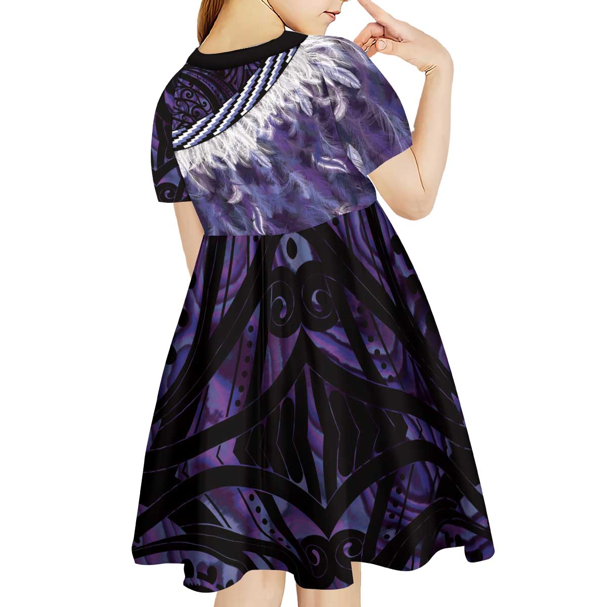 Purple Traditional Cloak Aotearoa Kid Short Sleeve Dress Maori Paua Shell Korowai Pattern LT14 - Polynesian Pride