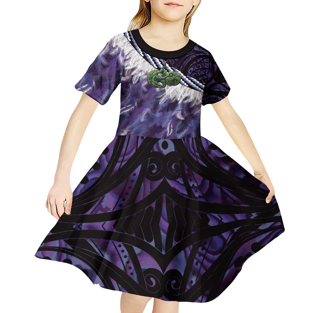 Purple Traditional Cloak Aotearoa Kid Short Sleeve Dress Maori Paua Shell Korowai Pattern LT14 - Polynesian Pride