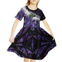 Purple Traditional Cloak Aotearoa Kid Short Sleeve Dress Maori Paua Shell Korowai Pattern LT14 - Polynesian Pride