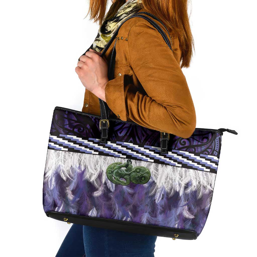 Purple Traditional Cloak Aotearoa Leather Tote Bag Maori Paua Shell Korowai Pattern