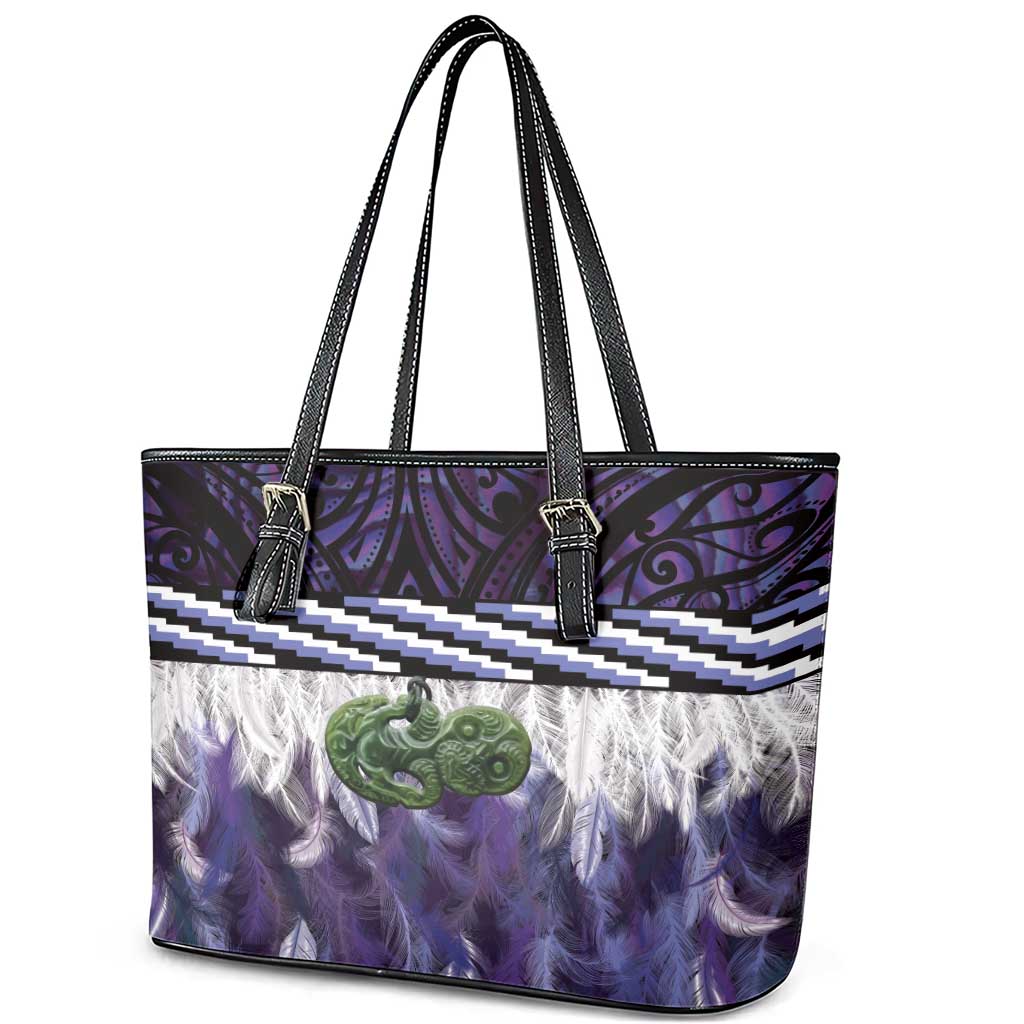 Purple Traditional Cloak Aotearoa Leather Tote Bag Maori Paua Shell Korowai Pattern