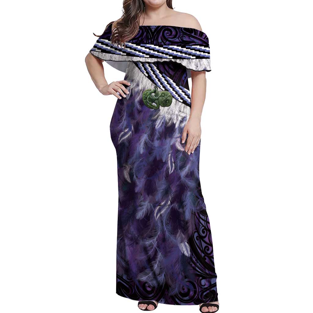 Purple Traditional Cloak Aotearoa Off Shoulder Maxi Dress Maori Paua Shell Korowai Pattern LT14 Women Purple - Polynesian Pride