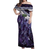 Purple Traditional Cloak Aotearoa Off Shoulder Maxi Dress Maori Paua Shell Korowai Pattern LT14 Women Purple - Polynesian Pride