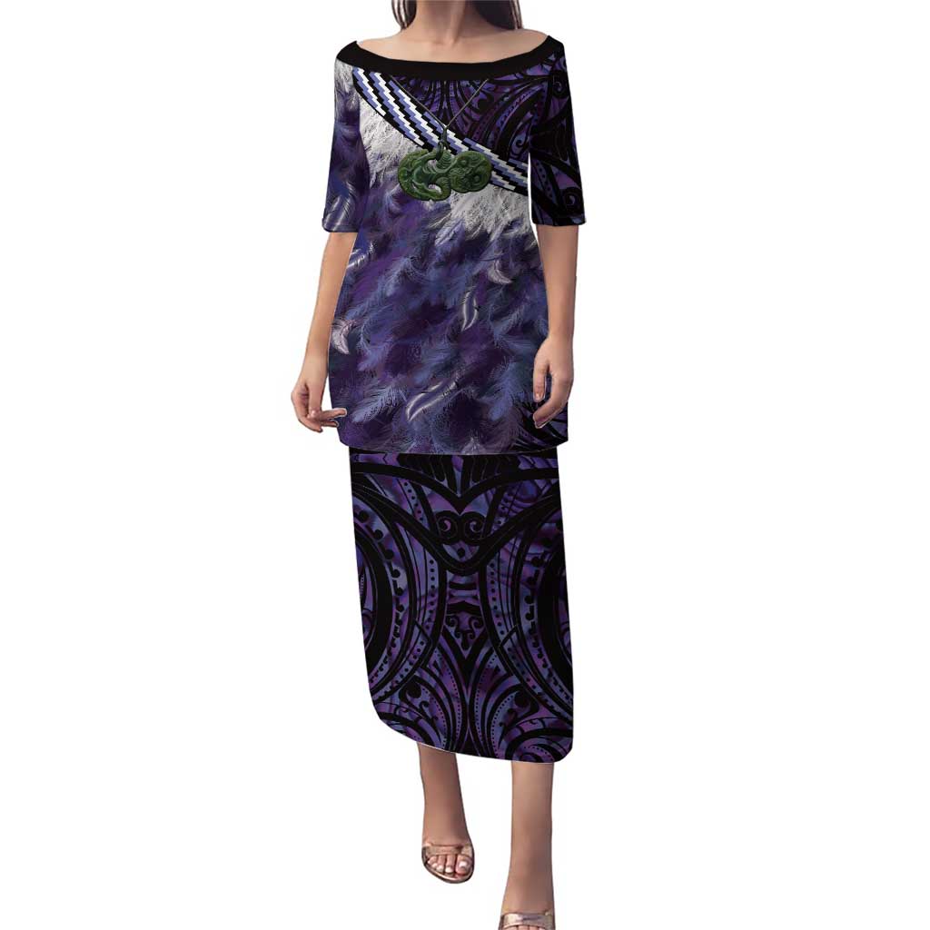 Purple Traditional Cloak Aotearoa Puletasi Maori Paua Shell Korowai Pattern LT14 Long Dress Purple - Polynesian Pride