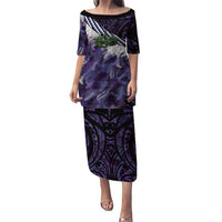 Purple Traditional Cloak Aotearoa Puletasi Maori Paua Shell Korowai Pattern LT14 Long Dress Purple - Polynesian Pride