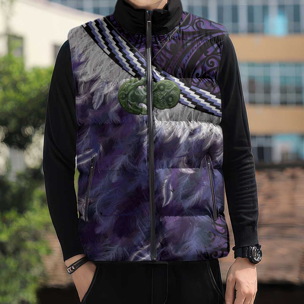 Purple Traditional Cloak Aotearoa Sleeveless Puffer Jacket Maori Paua Shell Korowai Pattern - Polynesian Pride