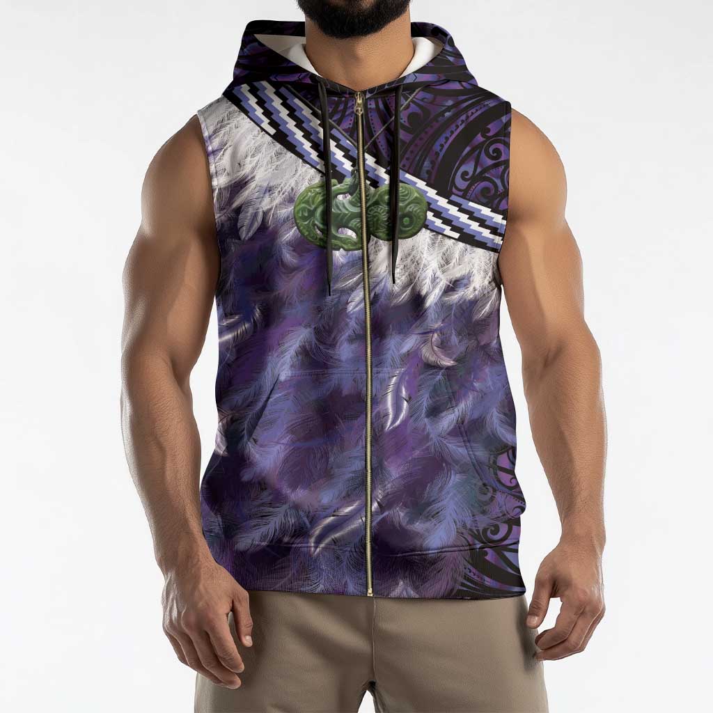 Purple Traditional Cloak Aotearoa Sleeveless Zip Hoodie Maori Paua Shell Korowai Pattern - Polynesian Pride