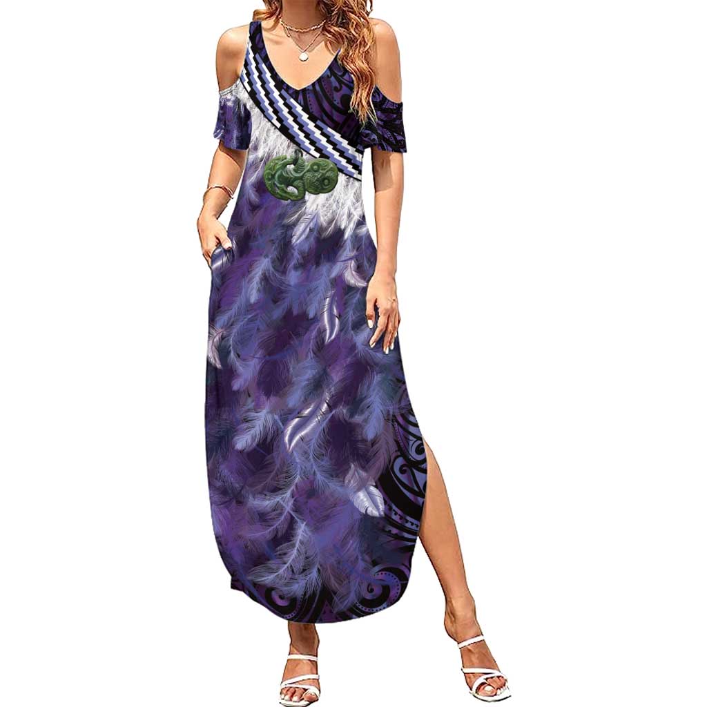 Purple Traditional Cloak Aotearoa Summer Maxi Dress Maori Paua Shell Korowai Pattern LT14 Women Purple - Polynesian Pride