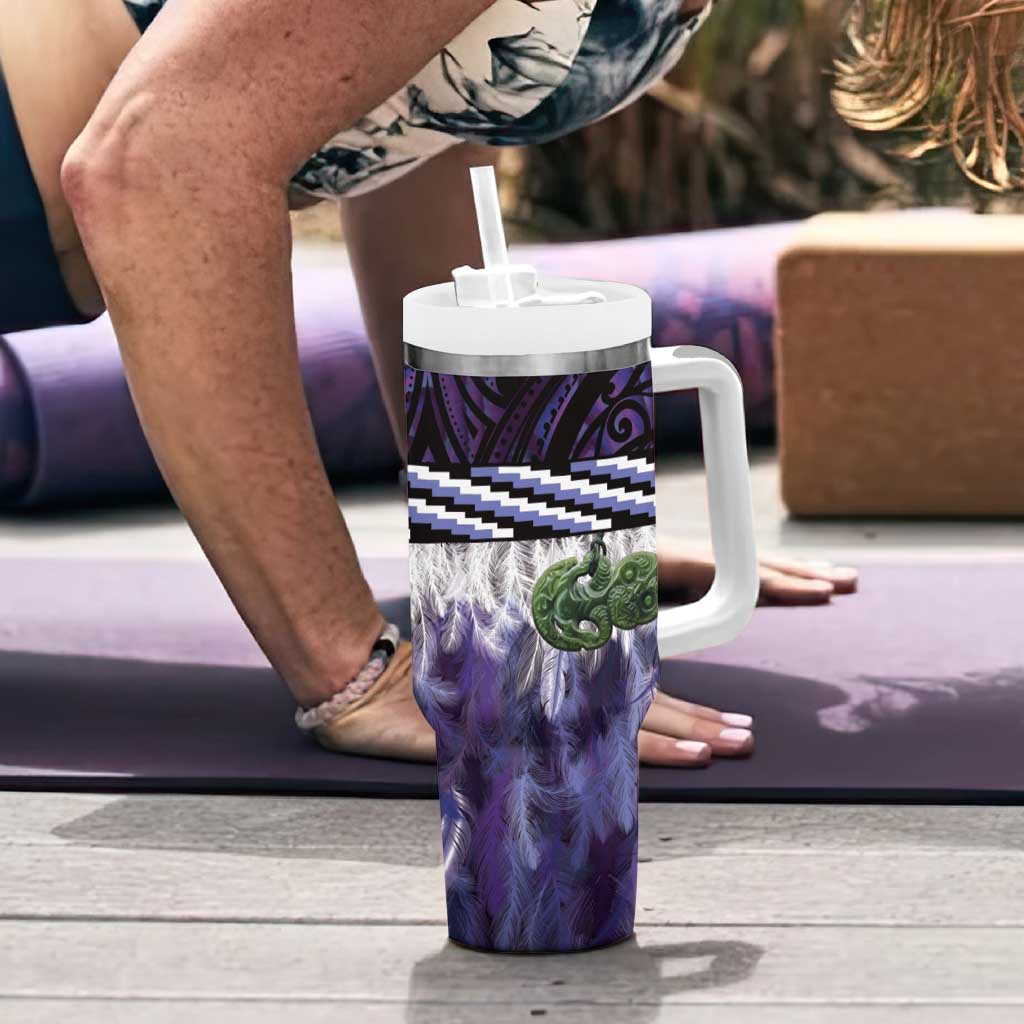 Purple Traditional Cloak Aotearoa Tumbler With Handle Maori Paua Shell Korowai Pattern