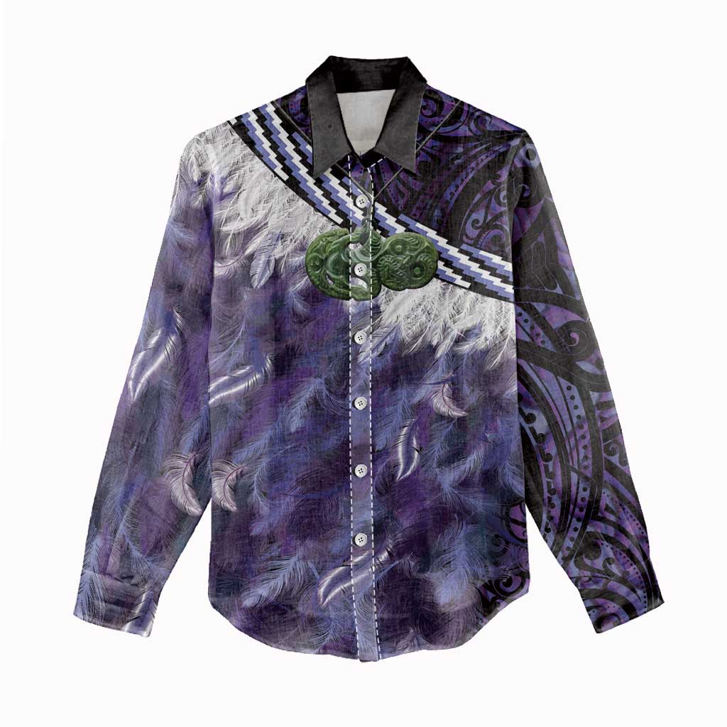 Purple Traditional Cloak Aotearoa Women Casual Shirt Maori Paua Shell Korowai Pattern