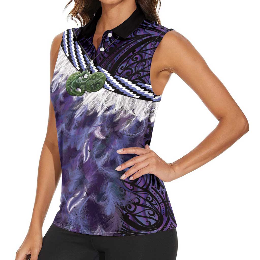 Purple Traditional Cloak Aotearoa Women Sleeveless Polo Shirt Maori Paua Shell Korowai Pattern