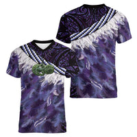 Purple Traditional Cloak Aotearoa Women V-Neck T-Shirt Maori Paua Shell Korowai Pattern