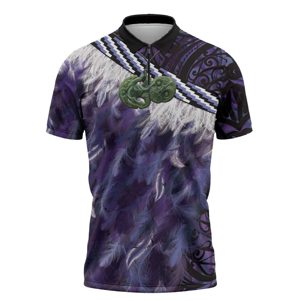 Purple Traditional Cloak Aotearoa Zipper Polo Shirt Maori Paua Shell Korowai Pattern - Polynesian Pride