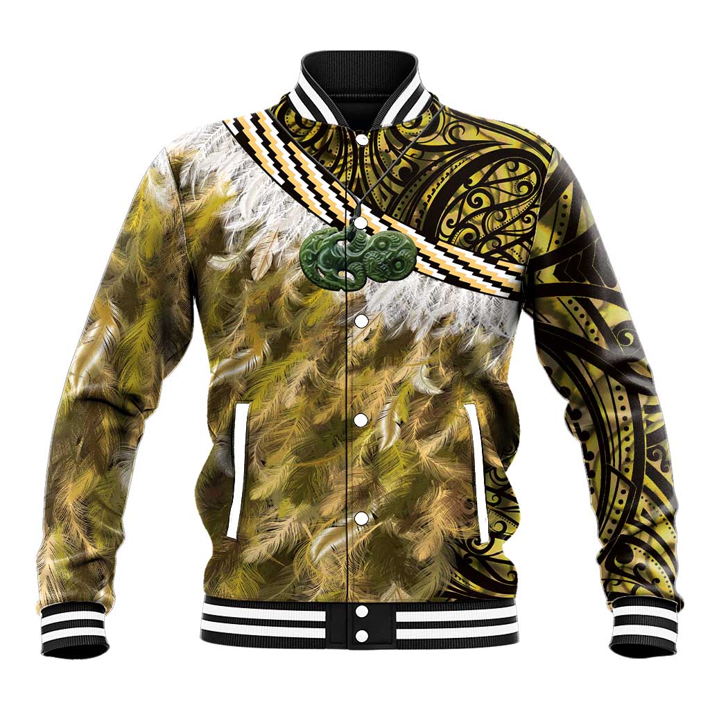 Yellow Traditional Cloak Aotearoa Baseball Jacket Maori Paua Shell Korowai Pattern LT14 Unisex Yellow - Polynesian Pride