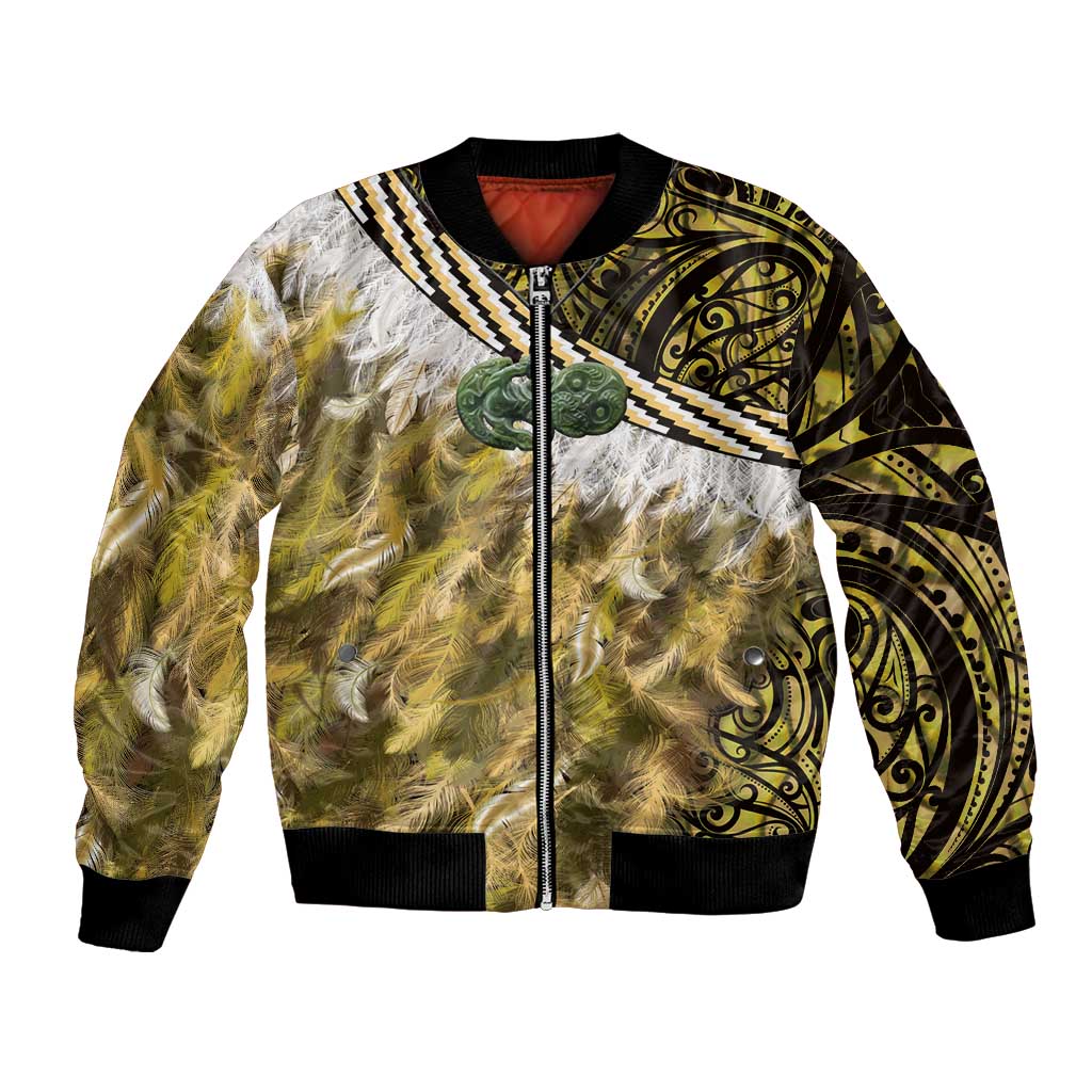 Yellow Traditional Cloak Aotearoa Bomber Jacket Maori Paua Shell Korowai Pattern