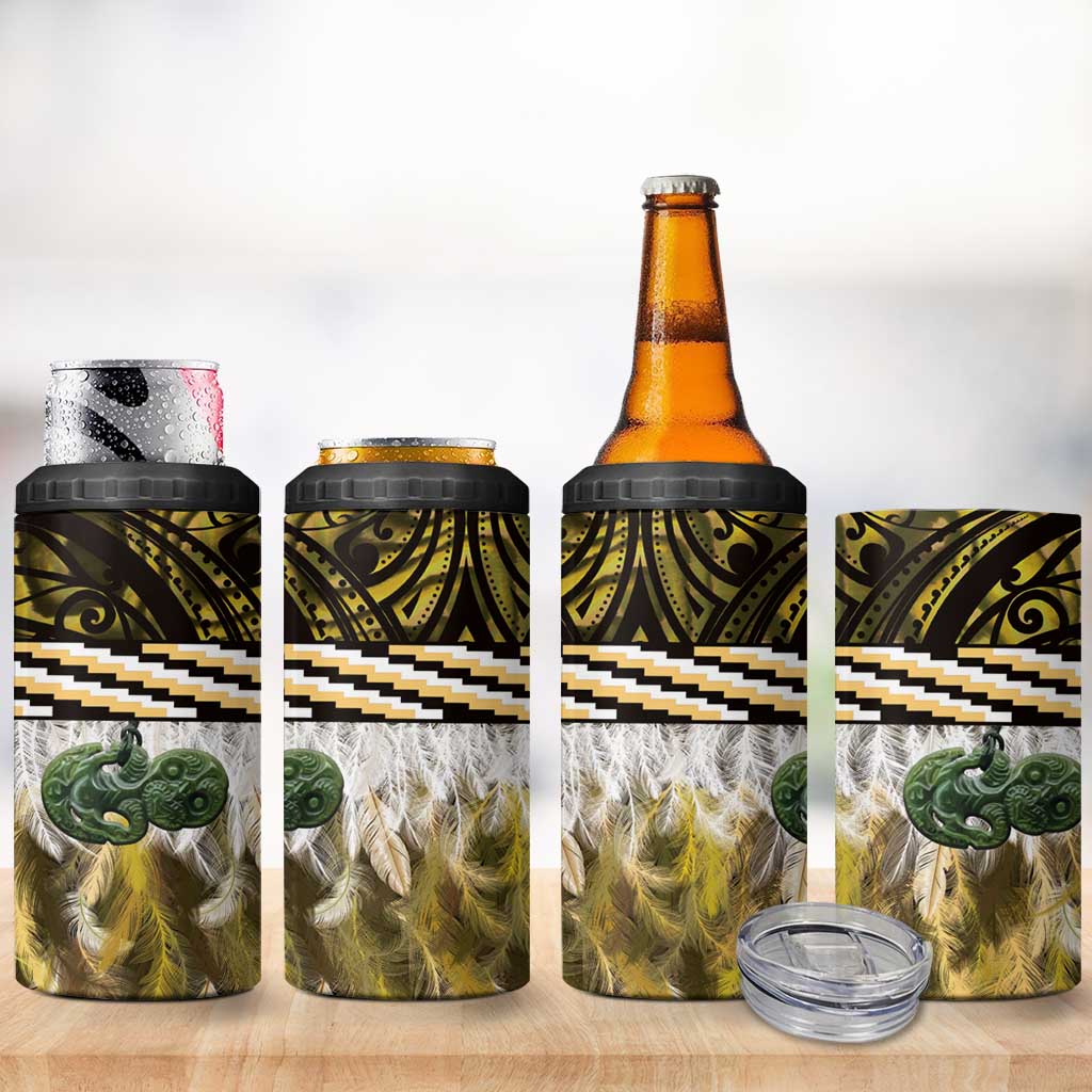 Yellow Traditional Cloak Aotearoa 4 in 1 Can Cooler Tumbler Maori Paua Shell Korowai Pattern LT14 - Polynesian Pride