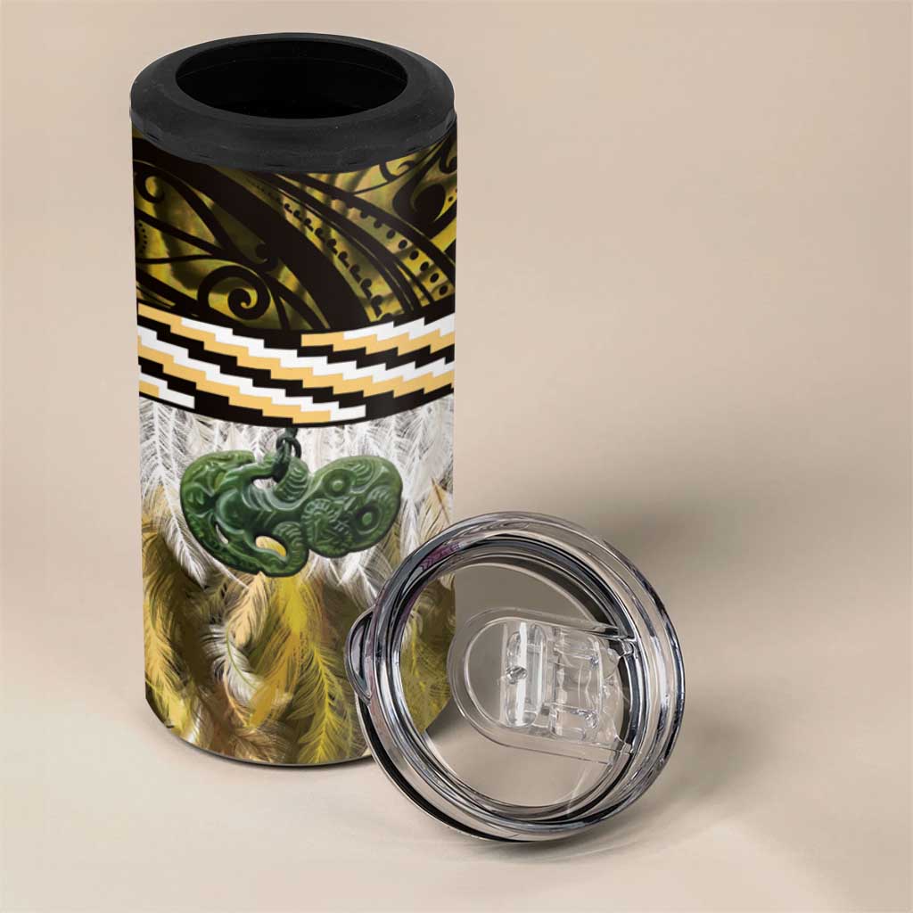 Yellow Traditional Cloak Aotearoa 4 in 1 Can Cooler Tumbler Maori Paua Shell Korowai Pattern LT14 - Polynesian Pride