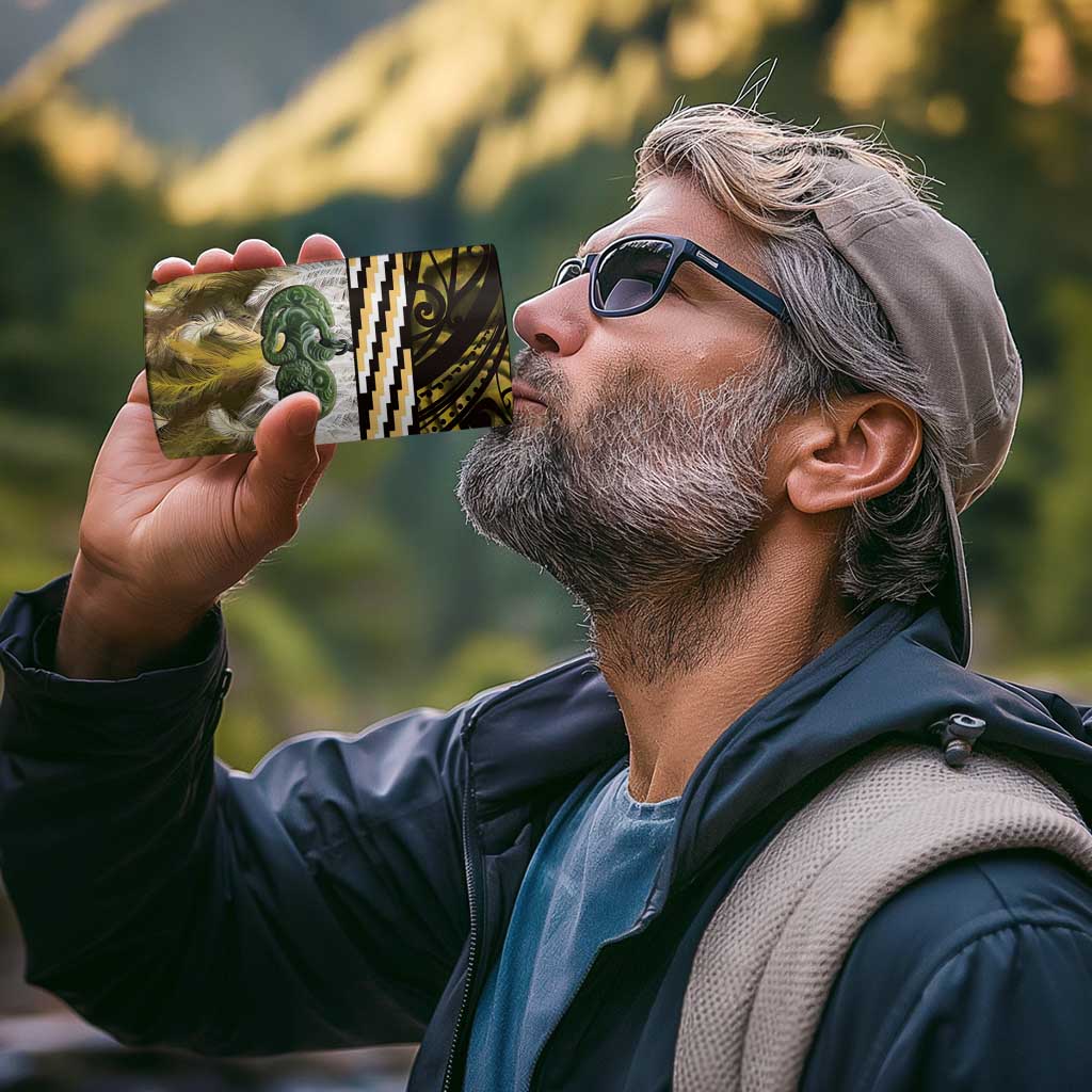 Yellow Traditional Cloak Aotearoa 4 in 1 Can Cooler Tumbler Maori Paua Shell Korowai Pattern LT14 - Polynesian Pride