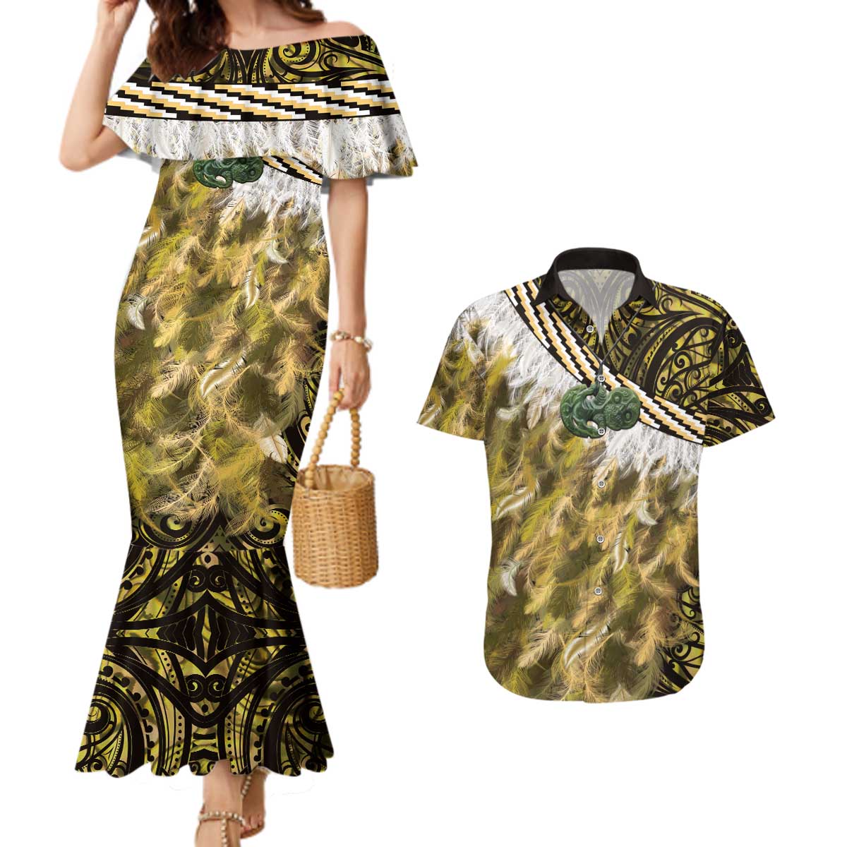 Yellow Traditional Cloak Aotearoa Couples Matching Mermaid Dress and Hawaiian Shirt Maori Paua Shell Korowai Pattern LT14 Yellow - Polynesian Pride