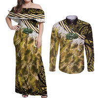 Yellow Traditional Cloak Aotearoa Couples Matching Off Shoulder Maxi Dress and Long Sleeve Button Shirt Maori Paua Shell Korowai Pattern LT14 Yellow - Polynesian Pride