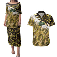 Yellow Traditional Cloak Aotearoa Couples Matching Puletasi and Hawaiian Shirt Maori Paua Shell Korowai Pattern LT14 Yellow - Polynesian Pride