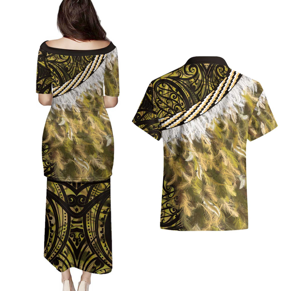 Yellow Traditional Cloak Aotearoa Couples Matching Puletasi and Hawaiian Shirt Maori Paua Shell Korowai Pattern LT14 - Polynesian Pride
