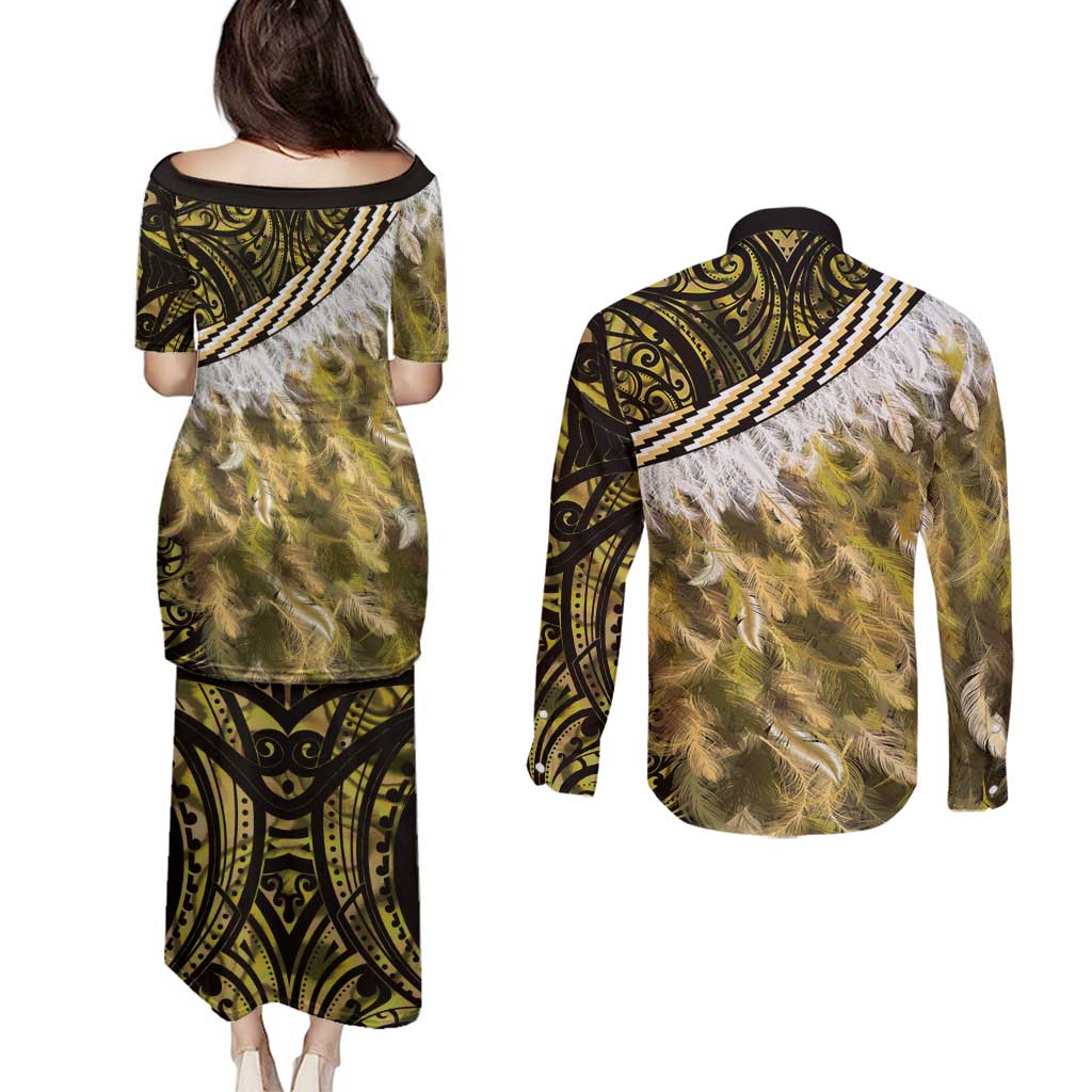 Yellow Traditional Cloak Aotearoa Couples Matching Puletasi and Long Sleeve Button Shirt Maori Paua Shell Korowai Pattern LT14 - Polynesian Pride