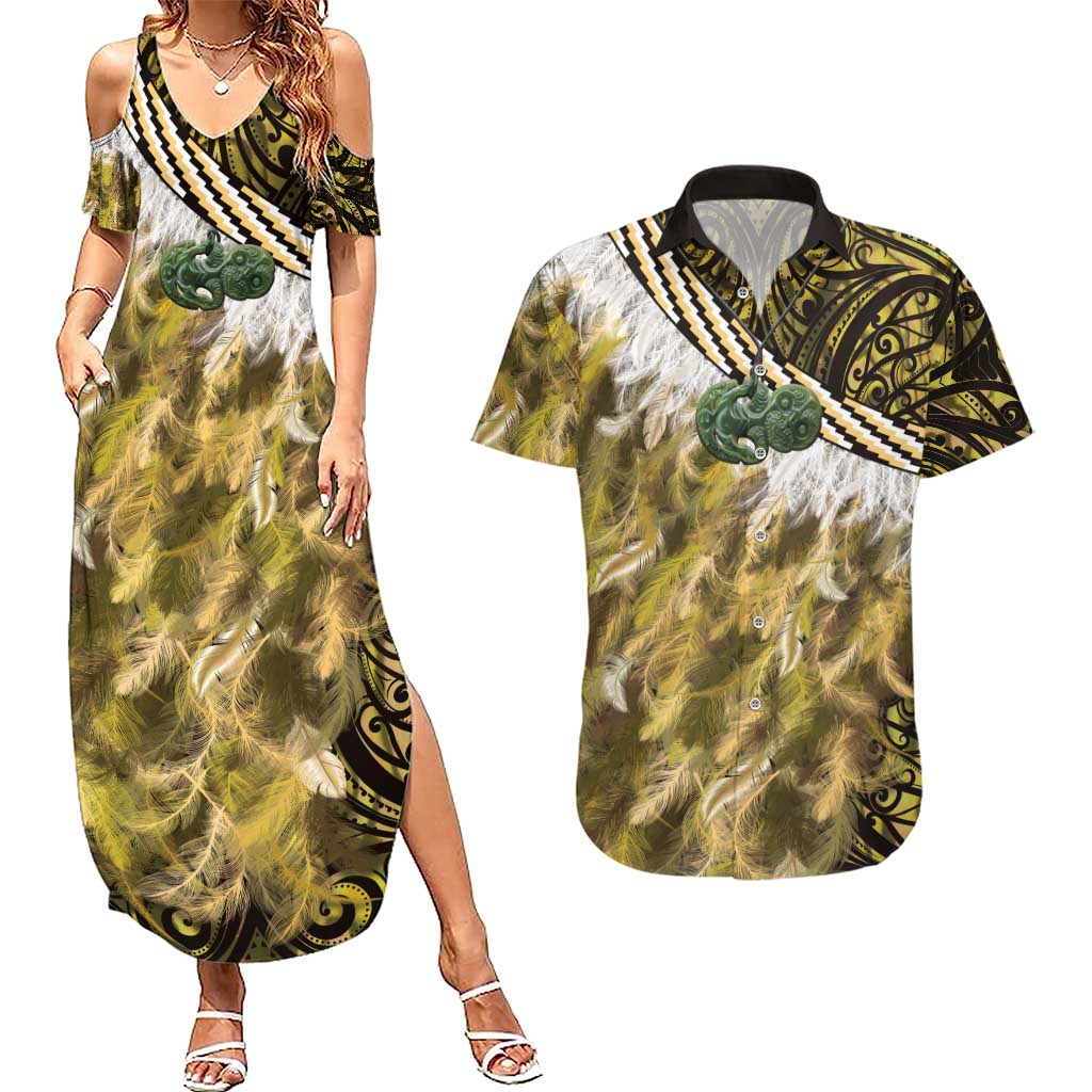 Yellow Traditional Cloak Aotearoa Couples Matching Summer Maxi Dress and Hawaiian Shirt Maori Paua Shell Korowai Pattern LT14 Yellow - Polynesian Pride