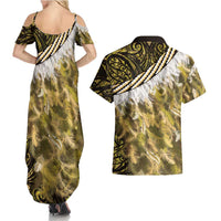 Yellow Traditional Cloak Aotearoa Couples Matching Summer Maxi Dress and Hawaiian Shirt Maori Paua Shell Korowai Pattern LT14 - Polynesian Pride