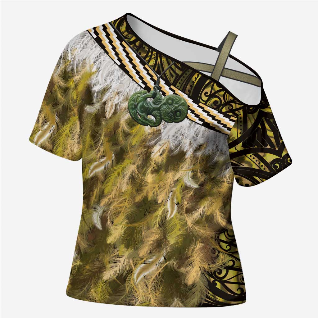 Yellow Traditional Cloak Aotearoa Cross Shoulder Shirt Maori Paua Shell Korowai Pattern - Polynesian Pride