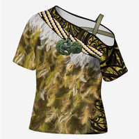 Yellow Traditional Cloak Aotearoa Cross Shoulder Shirt Maori Paua Shell Korowai Pattern - Polynesian Pride