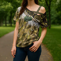 Yellow Traditional Cloak Aotearoa Cross Shoulder Shirt Maori Paua Shell Korowai Pattern - Polynesian Pride