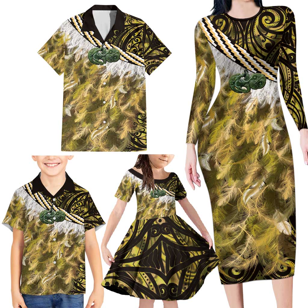 Yellow Traditional Cloak Aotearoa Family Matching Long Sleeve Bodycon Dress and Hawaiian Shirt Maori Paua Shell Korowai Pattern