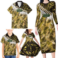 Yellow Traditional Cloak Aotearoa Family Matching Long Sleeve Bodycon Dress and Hawaiian Shirt Maori Paua Shell Korowai Pattern