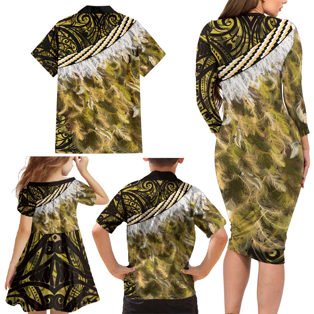 Yellow Traditional Cloak Aotearoa Family Matching Long Sleeve Bodycon Dress and Hawaiian Shirt Maori Paua Shell Korowai Pattern