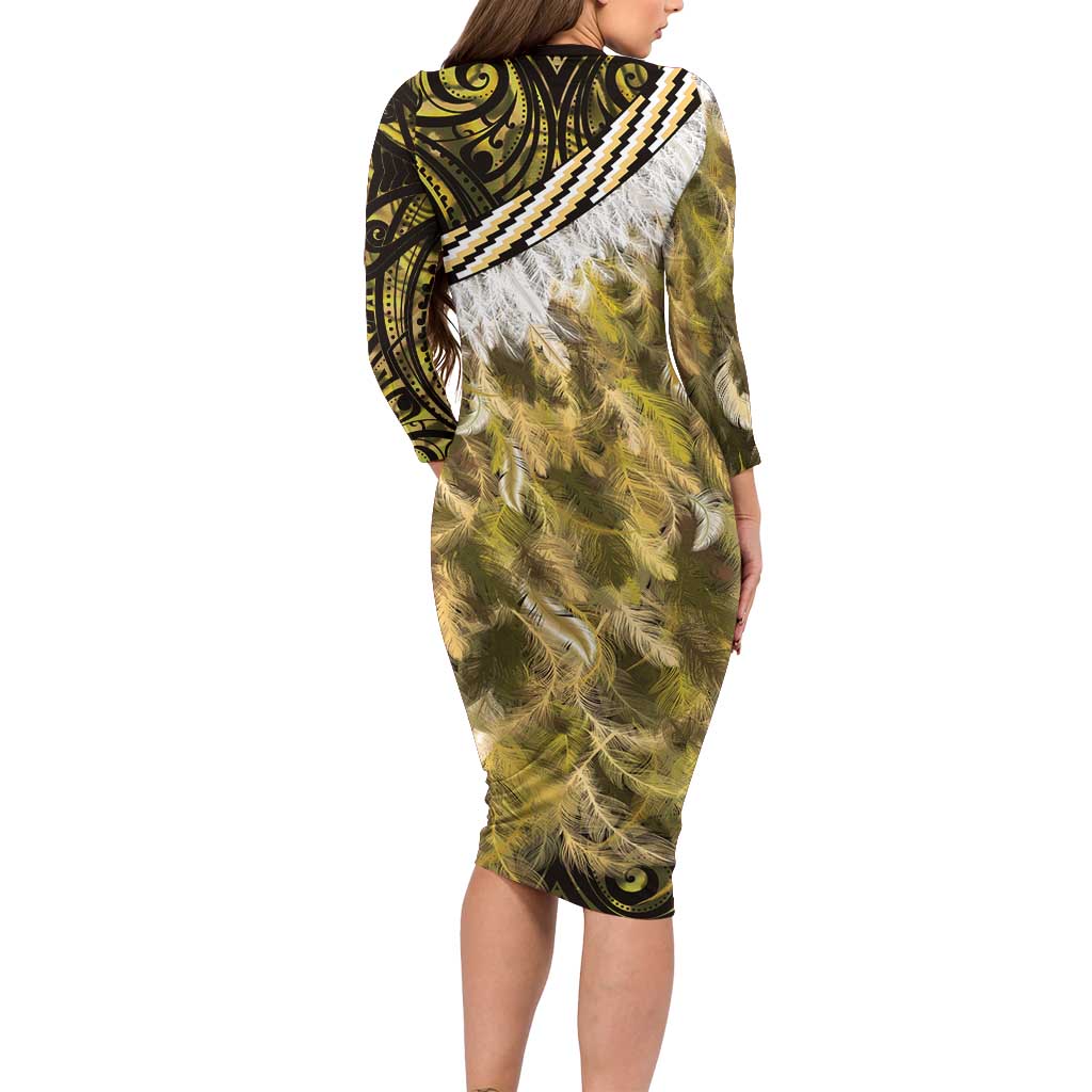 Yellow Traditional Cloak Aotearoa Family Matching Long Sleeve Bodycon Dress and Hawaiian Shirt Maori Paua Shell Korowai Pattern