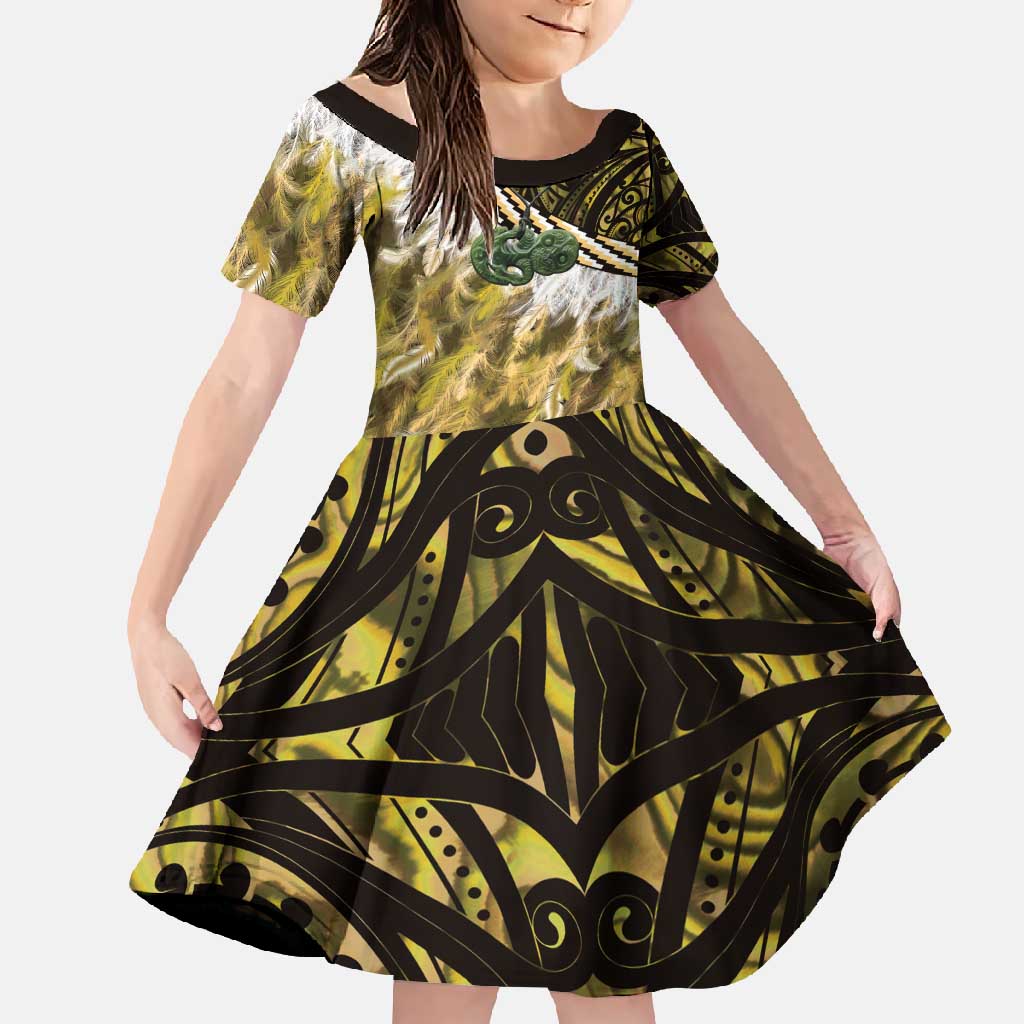Yellow Traditional Cloak Aotearoa Family Matching Mermaid Dress and Hawaiian Shirt Maori Paua Shell Korowai Pattern
