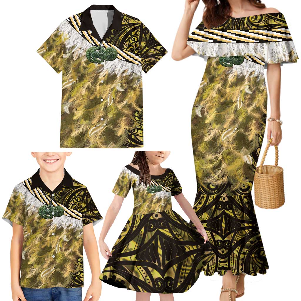 Yellow Traditional Cloak Aotearoa Family Matching Mermaid Dress and Hawaiian Shirt Maori Paua Shell Korowai Pattern
