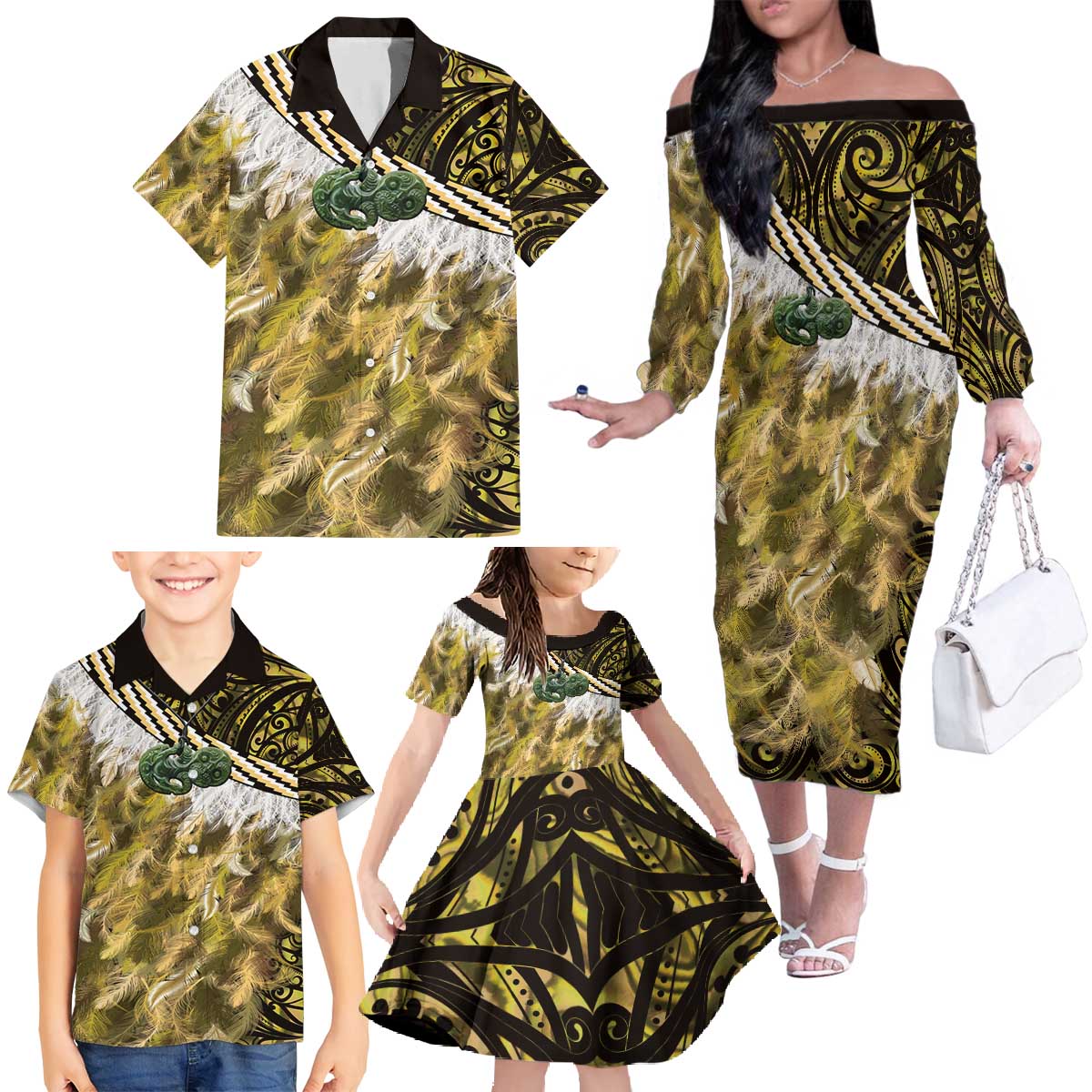 Yellow Traditional Cloak Aotearoa Family Matching Off The Shoulder Long Sleeve Dress and Hawaiian Shirt Maori Paua Shell Korowai Pattern