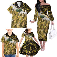 Yellow Traditional Cloak Aotearoa Family Matching Off The Shoulder Long Sleeve Dress and Hawaiian Shirt Maori Paua Shell Korowai Pattern