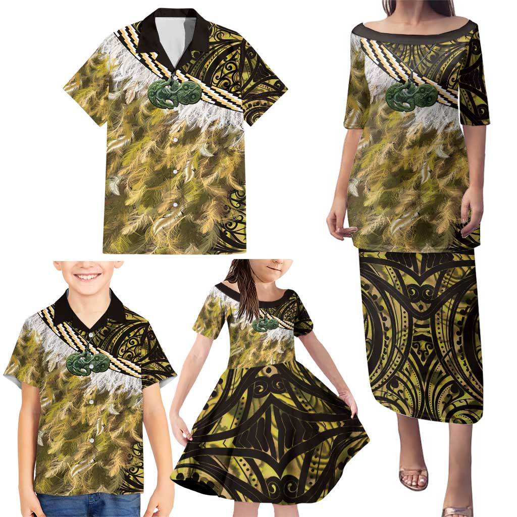 Yellow Traditional Cloak Aotearoa Family Matching Puletasi and Hawaiian Shirt Maori Paua Shell Korowai Pattern
