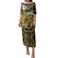 Yellow Traditional Cloak Aotearoa Family Matching Puletasi and Hawaiian Shirt Maori Paua Shell Korowai Pattern