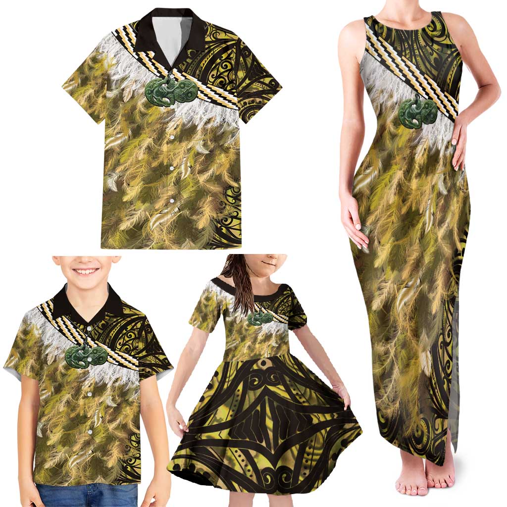 Yellow Traditional Cloak Aotearoa Family Matching Tank Maxi Dress and Hawaiian Shirt Maori Paua Shell Korowai Pattern
