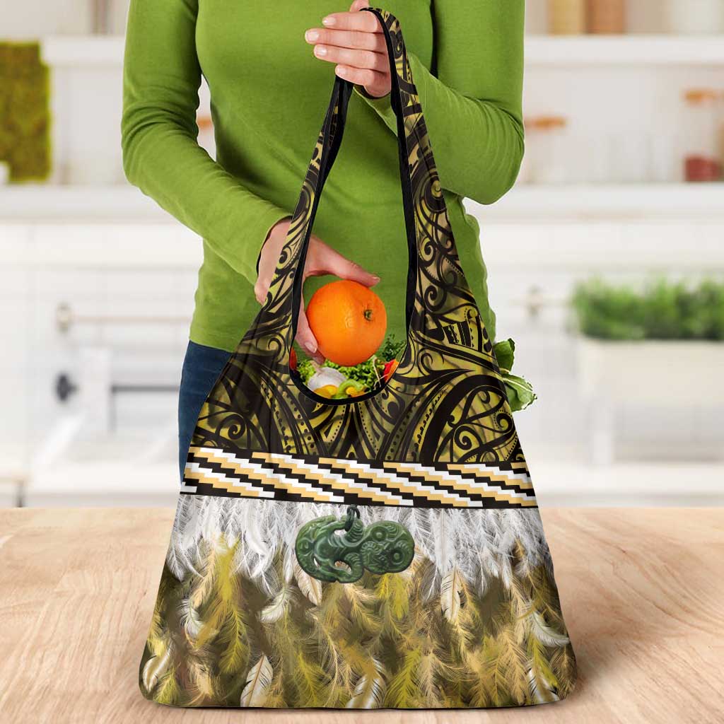 Yellow Traditional Cloak Aotearoa Grocery Bag Maori Paua Shell Korowai Pattern